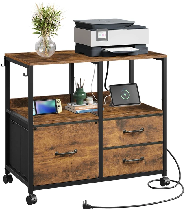 Main image of 3 Drawer Mobile File Cabinet, Fabric Filing Cabinet, Rustic Brown Lateral Rolling Printer Stand with Charging Station & Storage Shelf, Fits A4 or Letter Size, Adjustable Shelf for Home Office