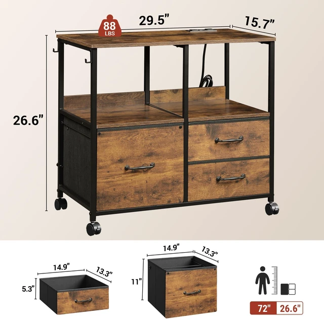 Alt view image 2 of 7 - 3 Drawer Mobile File Cabinet, Fabric Filing Cabinet, Rustic Brown Lateral Rolling Printer Stand with Charging Station & Storage Shelf, Fits A4 or Letter Size, Adjustable Shelf for Home Office