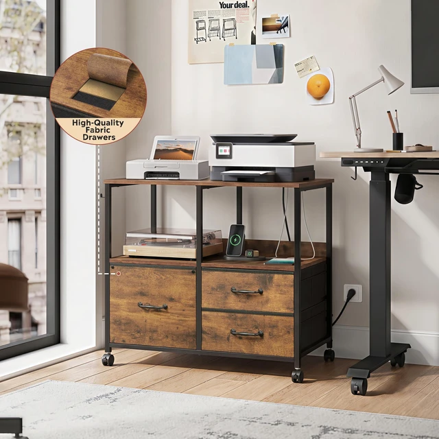 Alt view image 3 of 7 - 3 Drawer Mobile File Cabinet, Fabric Filing Cabinet, Rustic Brown Lateral Rolling Printer Stand with Charging Station & Storage Shelf, Fits A4 or Letter Size, Adjustable Shelf for Home Office