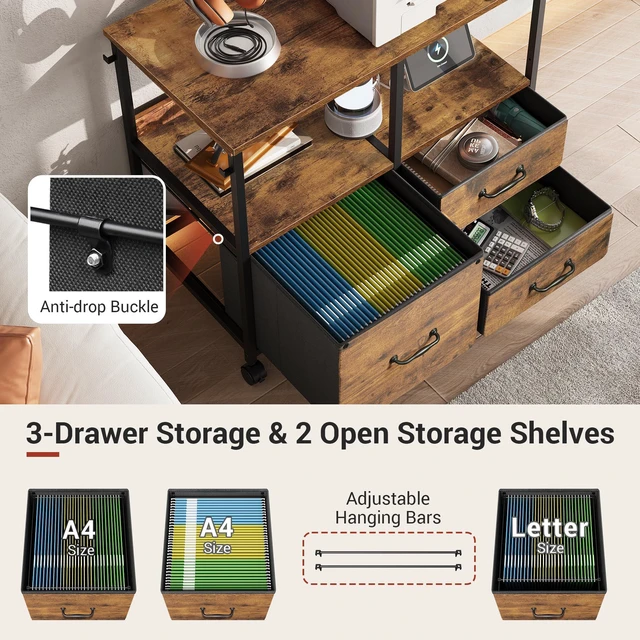 Alt view image 5 of 7 - 3 Drawer Mobile File Cabinet, Fabric Filing Cabinet, Rustic Brown Lateral Rolling Printer Stand with Charging Station & Storage Shelf, Fits A4 or Letter Size, Adjustable Shelf for Home Office