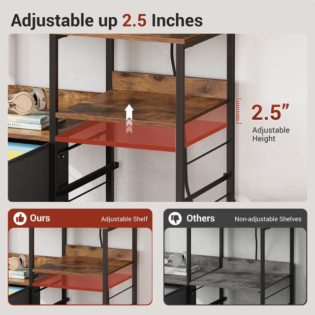 Alt view image 6 of 7 - 3 Drawer Mobile File Cabinet, Fabric Filing Cabinet, Rustic Brown Lateral Rolling Printer Stand with Charging Station & Storage Shelf, Fits A4 or Letter Size, Adjustable Shelf for Home Office