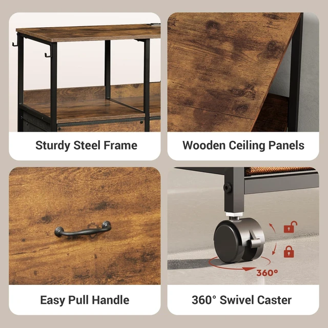 Alt view image 7 of 7 - 3 Drawer Mobile File Cabinet, Fabric Filing Cabinet, Rustic Brown Lateral Rolling Printer Stand with Charging Station & Storage Shelf, Fits A4 or Letter Size, Adjustable Shelf for Home Office