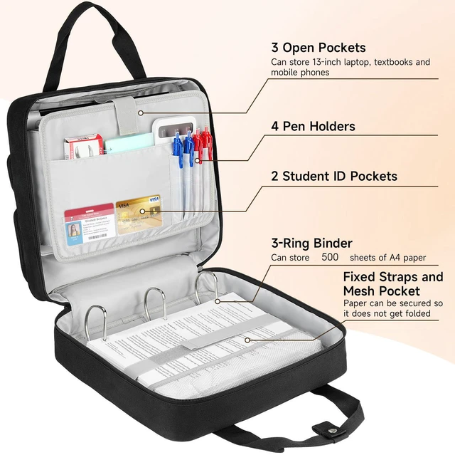 Alt view image 5 of 7 - Zipper Binder 3 Ring with Ita Window,500 Sheets Capacity, Binder 2 Inch with Shoulder Strap Fits 13 Inch Laptop for School and Office,Black