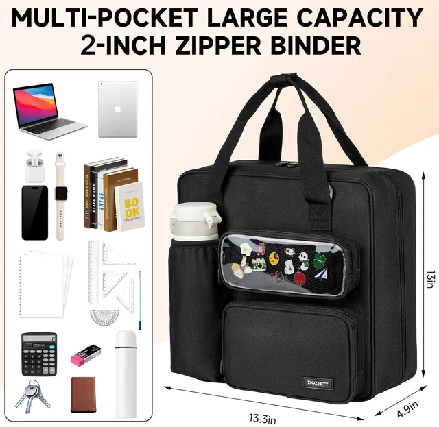 Alt view image 7 of 7 - Zipper Binder 3 Ring with Ita Window,500 Sheets Capacity, Binder 2 Inch with Shoulder Strap Fits 13 Inch Laptop for School and Office,Black