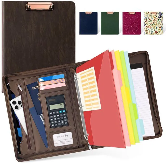 Main image of Zippered Portfolio Binder, Leather Clipboard Folder with Storage, 3 Ring Binder 1 Inch, 12.1 Tablet Sleeve, 5 Dividers with Pocket, Refillable Notepad, Card Slot (Brown)
