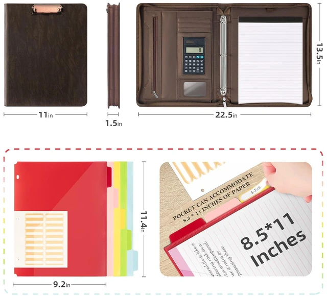Alt view image 2 of 6 - Zippered Portfolio Binder, Leather Clipboard Folder with Storage, 3 Ring Binder 1 Inch, 12.1 Tablet Sleeve, 5 Dividers with Pocket, Refillable Notepad, Card Slot (Brown)
