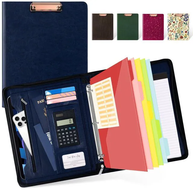 Main image of 3 Ring Portfolio Binder with Zipper, Leather Clipboard with Storage, Padfolio Folder for Men, 12.1 Tablet Sleeve, 5 Dividers with Pocket, Refillable Notepad, Card Slot (Navy Bule)