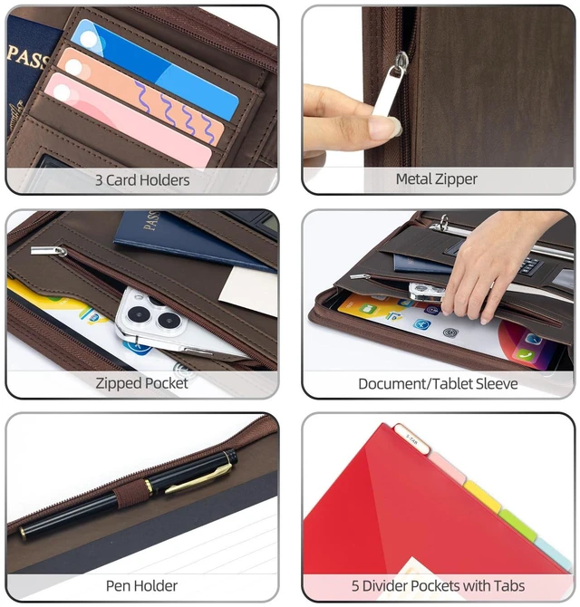 Alt view image 4 of 6 - Zippered Portfolio Binder, Leather Clipboard Folder with Storage, 3 Ring Binder 1 Inch, 12.1 Tablet Sleeve, 5 Dividers with Pocket, Refillable Notepad, Card Slot (Brown)