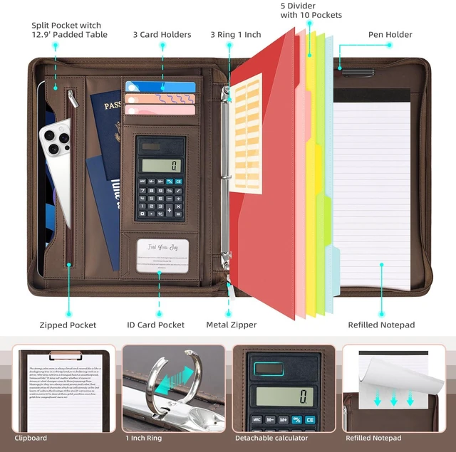 Alt view image 3 of 6 - Zippered Portfolio Binder, Leather Clipboard Folder with Storage, 3 Ring Binder 1 Inch, 12.1 Tablet Sleeve, 5 Dividers with Pocket, Refillable Notepad, Card Slot (Brown)
