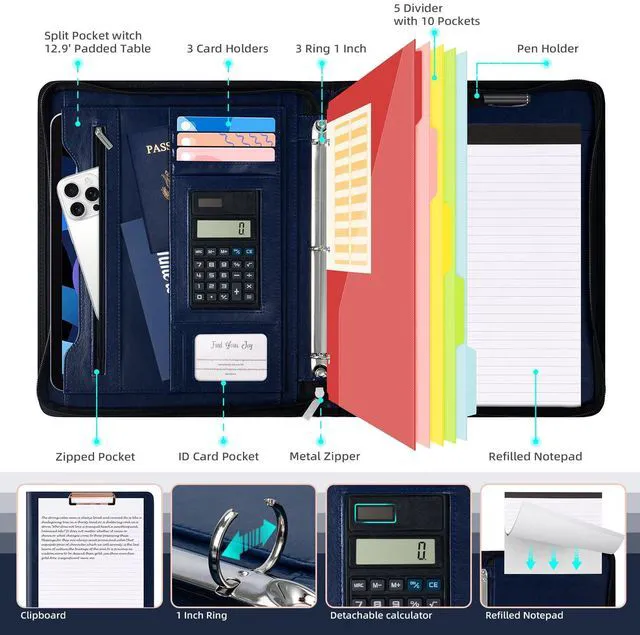 Alt view image 3 of 6 - 3 Ring Portfolio Binder with Zipper, Leather Clipboard with Storage, Padfolio Folder for Men, 12.1 Tablet Sleeve, 5 Dividers with Pocket, Refillable Notepad, Card Slot (Navy Bule)