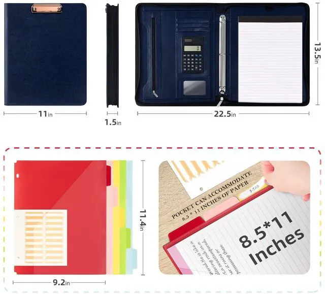 Alt view image 2 of 6 - 3 Ring Portfolio Binder with Zipper, Leather Clipboard with Storage, Padfolio Folder for Men, 12.1 Tablet Sleeve, 5 Dividers with Pocket, Refillable Notepad, Card Slot (Navy Bule)