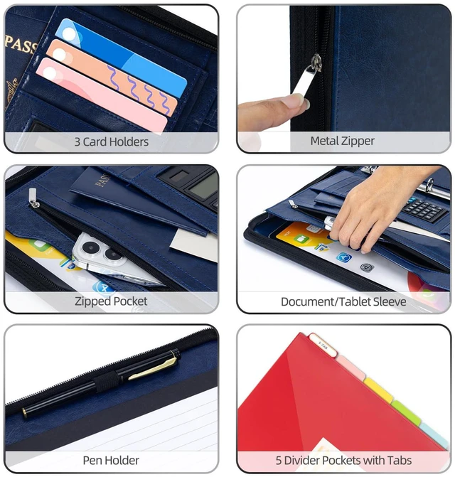 Alt view image 4 of 6 - 3 Ring Portfolio Binder with Zipper, Leather Clipboard with Storage, Padfolio Folder for Men, 12.1 Tablet Sleeve, 5 Dividers with Pocket, Refillable Notepad, Card Slot (Navy Bule)