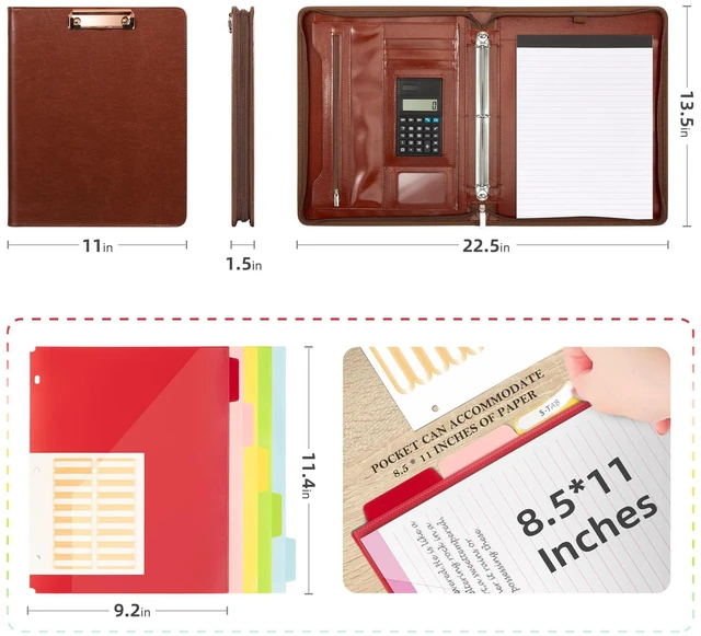 Alt view image 2 of 6 - 3 Ring Binder Portfolio Folder with Zipper- Leather Padfolio with Clipboard Storage- Calculator, 12.1 Tablet Sleeve, 5 Dividers with Pocket, Refillable Notepad, Card Slot (Red Brown)