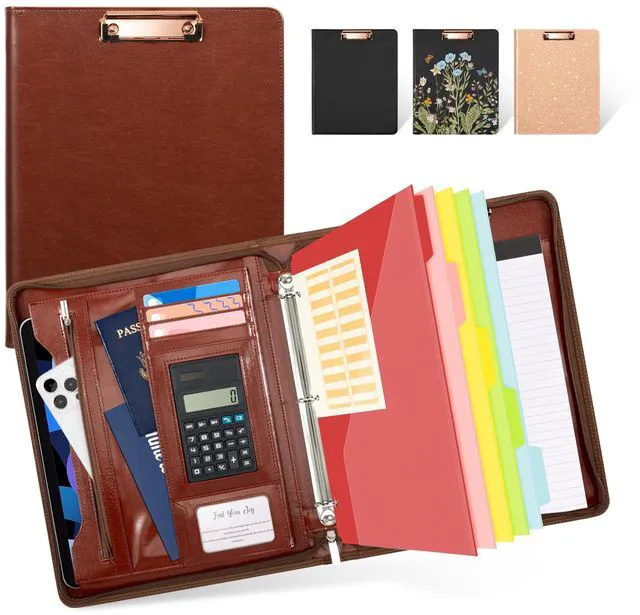 Main image of 3 Ring Binder Portfolio Folder with Zipper- Leather Padfolio with Clipboard Storage- Calculator, 12.1 Tablet Sleeve, 5 Dividers with Pocket, Refillable Notepad, Card Slot (Red Brown)