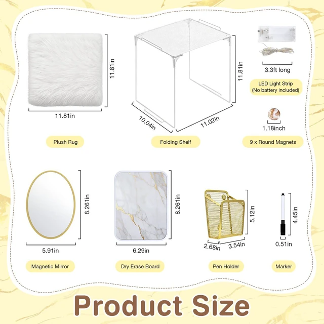 Alt view image 2 of 7 - 16 Pcs Locker Accessories with LED Light, Lockers Decor for School Includes metal shelf, dry erase board, mirror, magnet, plush rug, 3m LED strip and pen holder for locker organizer