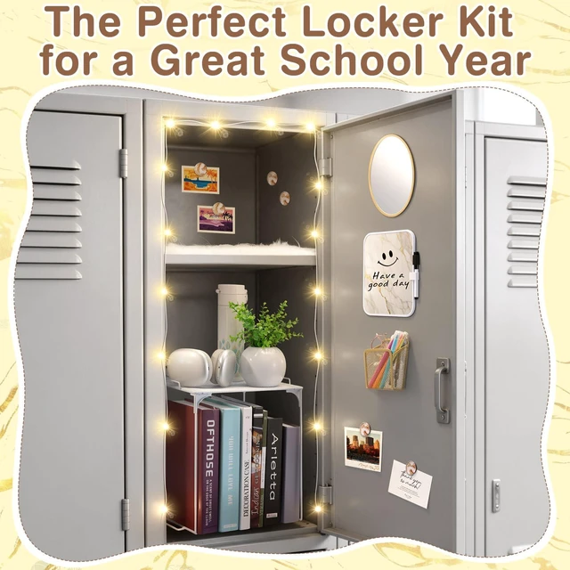 Alt view image 3 of 7 - 16 Pcs Locker Accessories with LED Light, Lockers Decor for School Includes metal shelf, dry erase board, mirror, magnet, plush rug, 3m LED strip and pen holder for locker organizer