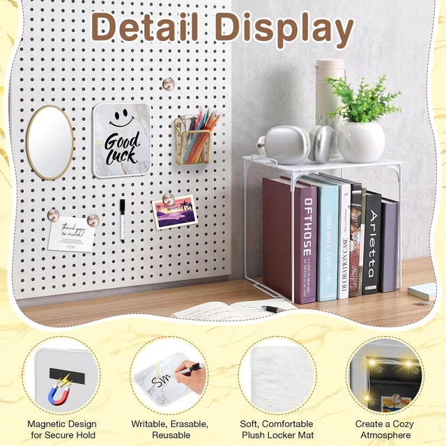 Alt view image 5 of 7 - 16 Pcs Locker Accessories with LED Light, Lockers Decor for School Includes metal shelf, dry erase board, mirror, magnet, plush rug, 3m LED strip and pen holder for locker organizer