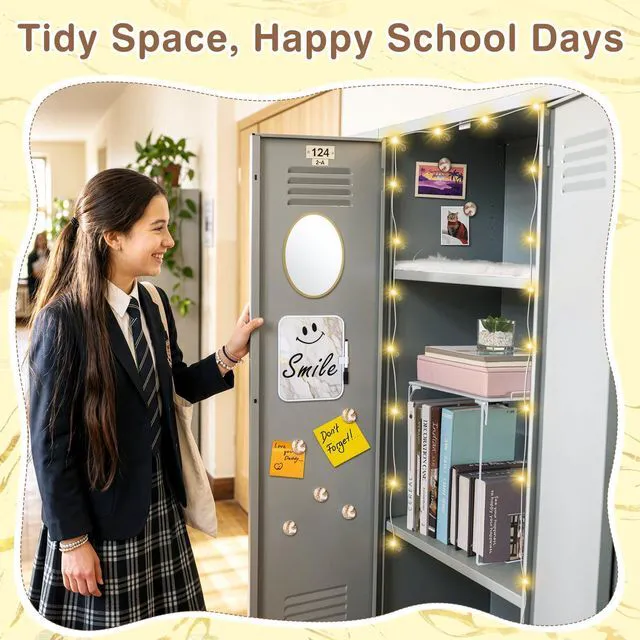 Alt view image 6 of 7 - 16 Pcs Locker Accessories with LED Light, Lockers Decor for School Includes metal shelf, dry erase board, mirror, magnet, plush rug, 3m LED strip and pen holder for locker organizer