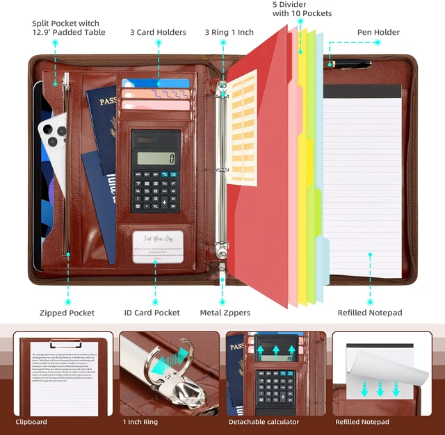 Alt view image 3 of 6 - 3 Ring Binder Portfolio Folder with Zipper- Leather Padfolio with Clipboard Storage- Calculator, 12.1 Tablet Sleeve, 5 Dividers with Pocket, Refillable Notepad, Card Slot (Red Brown)