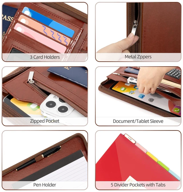 Alt view image 4 of 6 - 3 Ring Binder Portfolio Folder with Zipper- Leather Padfolio with Clipboard Storage- Calculator, 12.1 Tablet Sleeve, 5 Dividers with Pocket, Refillable Notepad, Card Slot (Red Brown)