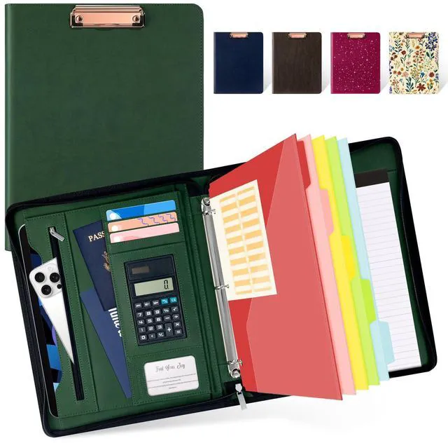 Main image of Green Clipboard with Storage 3 Binder Leather Portfolio Folder with Zipper, 12.1 Tablet Sleeve, 5 Dividers with Pocket, Refillable Notepad, Card Slot