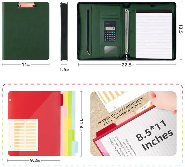 Alt view image 2 of 6 - Green Clipboard with Storage 3 Binder Leather Portfolio Folder with Zipper, 12.1 Tablet Sleeve, 5 Dividers with Pocket, Refillable Notepad, Card Slot