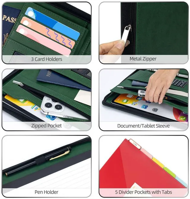 Alt view image 4 of 6 - Green Clipboard with Storage 3 Binder Leather Portfolio Folder with Zipper, 12.1 Tablet Sleeve, 5 Dividers with Pocket, Refillable Notepad, Card Slot