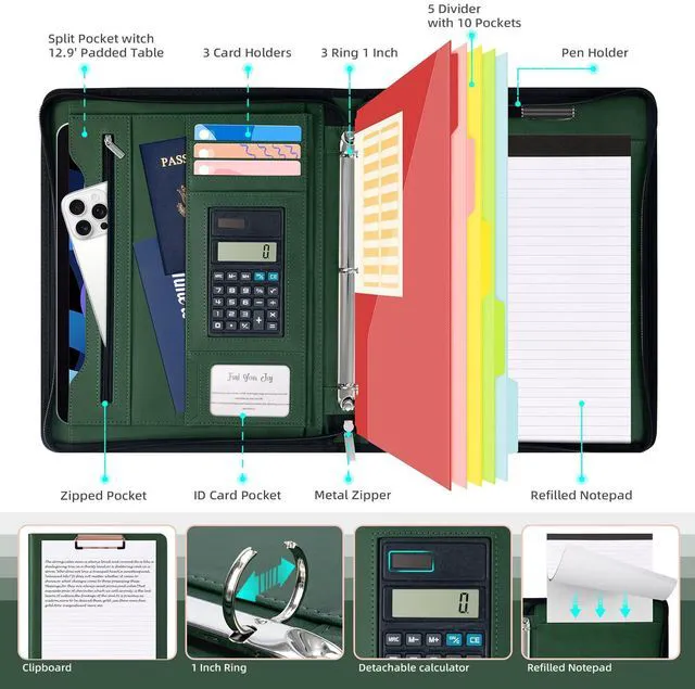 Alt view image 3 of 6 - Green Clipboard with Storage 3 Binder Leather Portfolio Folder with Zipper, 12.1 Tablet Sleeve, 5 Dividers with Pocket, Refillable Notepad, Card Slot