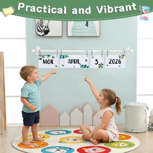 Alt view image 5 of 7 - Rainbow Flip Calendar for Classroom Bulletin Board Set with Adjustable Holder Includes 54 Date Cards for Home Elementary School Classroom Decor(Eucalyptus)