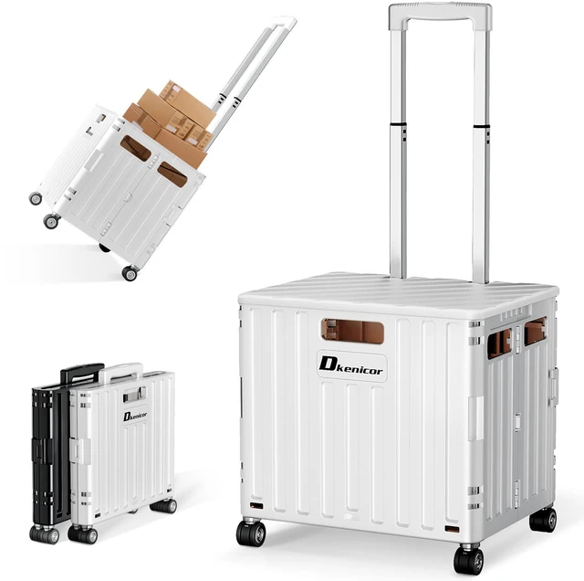 Main image of Folding Utility Cart, Portable Rolling Crate Handcart Collapsible Shopping Trolley with Lid, Foldable Tool Box Basket with 4 Rotate Wheels for Grocery, Office, Luggage, School - White