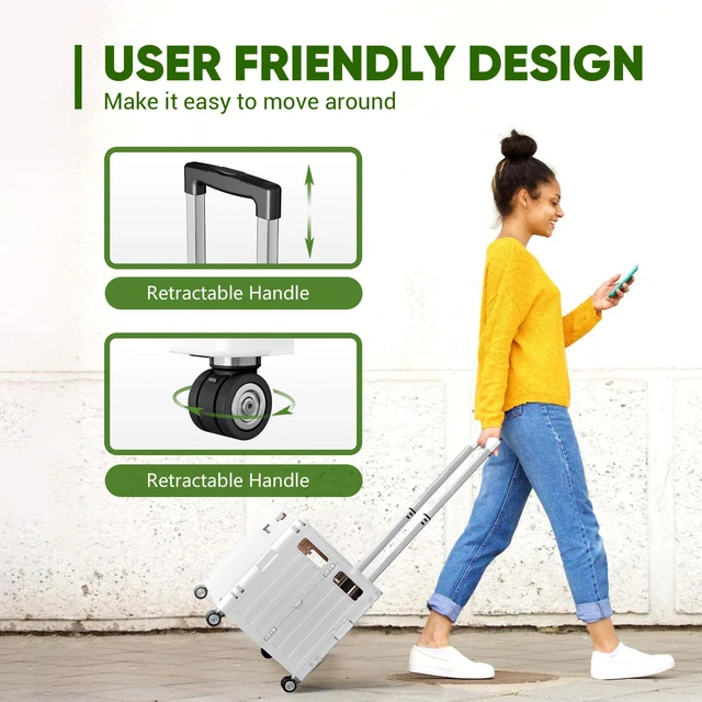 Alt view image 5 of 6 - Folding Utility Cart, Portable Rolling Crate Handcart Collapsible Shopping Trolley with Lid, Foldable Tool Box Basket with 4 Rotate Wheels for Grocery, Office, Luggage, School - White