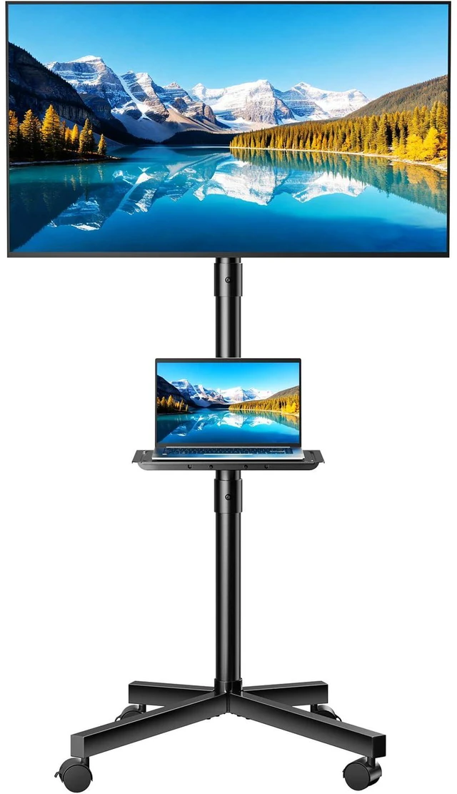 Main image of Rolling TV Stand with Wheels, Portable TV Cart for 23-60 Inch Screen Max VESA 400x400mm, Holds Up to 88lbs, Tilt & Height Adjustable, Mobile Floor Stand with Media Shelf