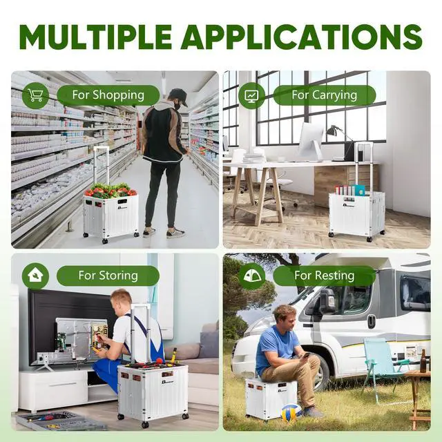 Alt view image 6 of 6 - Folding Utility Cart, Portable Rolling Crate Handcart Collapsible Shopping Trolley with Lid, Foldable Tool Box Basket with 4 Rotate Wheels for Grocery, Office, Luggage, School - White