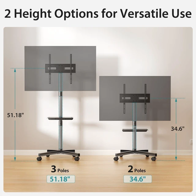 Alt view image 2 of 7 - Rolling TV Stand with Wheels, Portable TV Cart for 23-60 Inch Screen Max VESA 400x400mm, Holds Up to 88lbs, Tilt & Height Adjustable, Mobile Floor Stand with Media Shelf