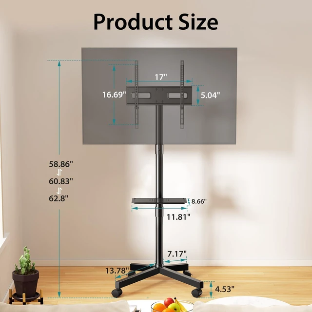 Alt view image 3 of 7 - Rolling TV Stand with Wheels, Portable TV Cart for 23-60 Inch Screen Max VESA 400x400mm, Holds Up to 88lbs, Tilt & Height Adjustable, Mobile Floor Stand with Media Shelf