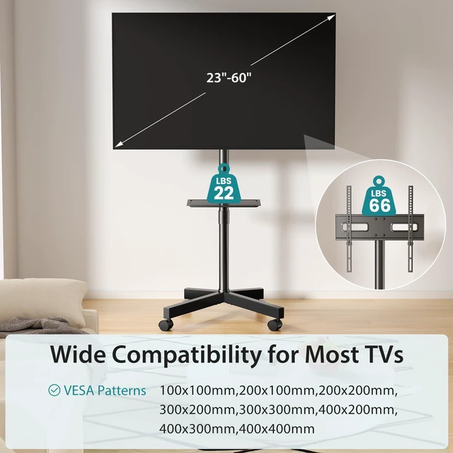 Alt view image 5 of 7 - Rolling TV Stand with Wheels, Portable TV Cart for 23-60 Inch Screen Max VESA 400x400mm, Holds Up to 88lbs, Tilt & Height Adjustable, Mobile Floor Stand with Media Shelf