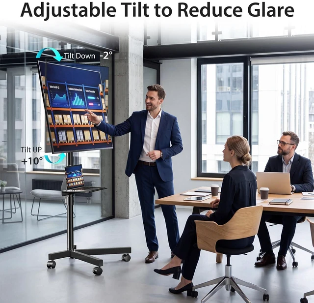 Alt view image 4 of 7 - Rolling TV Stand with Wheels, Portable TV Cart for 23-60 Inch Screen Max VESA 400x400mm, Holds Up to 88lbs, Tilt & Height Adjustable, Mobile Floor Stand with Media Shelf