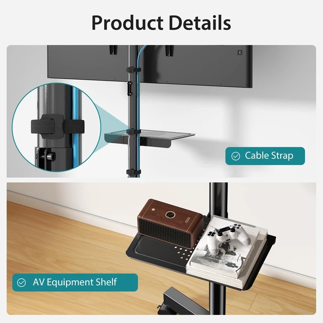Alt view image 6 of 7 - Rolling TV Stand with Wheels, Portable TV Cart for 23-60 Inch Screen Max VESA 400x400mm, Holds Up to 88lbs, Tilt & Height Adjustable, Mobile Floor Stand with Media Shelf