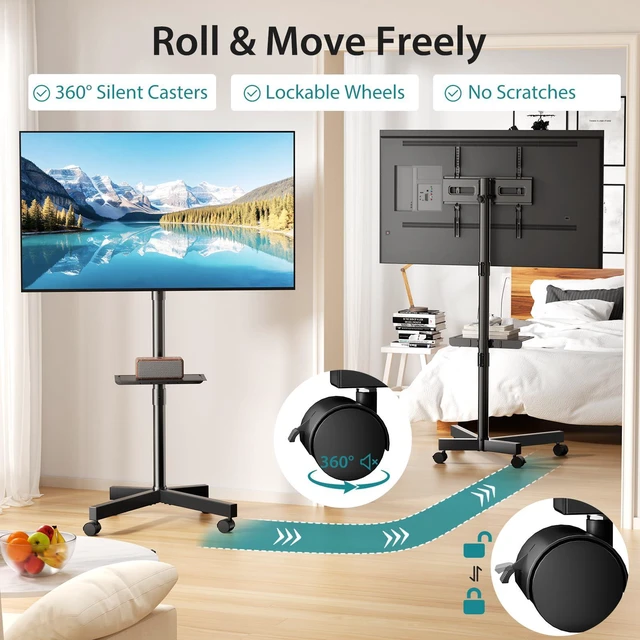 Alt view image 7 of 7 - Rolling TV Stand with Wheels, Portable TV Cart for 23-60 Inch Screen Max VESA 400x400mm, Holds Up to 88lbs, Tilt & Height Adjustable, Mobile Floor Stand with Media Shelf