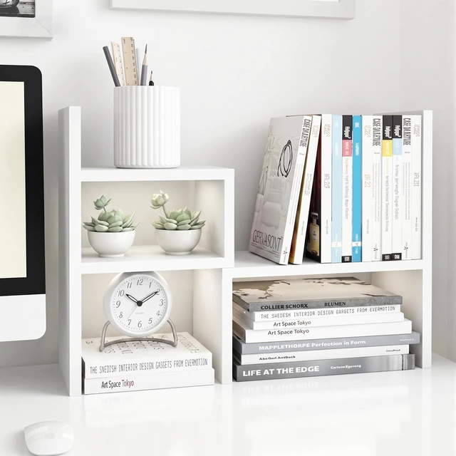 Main image of Desktop Organizer Office Storage Rack Adjustable Wood Display Shelf | Birthday Gifts - Toy - Home Decor Free Style Rotation Display - True Natural Stand Shelf (White)