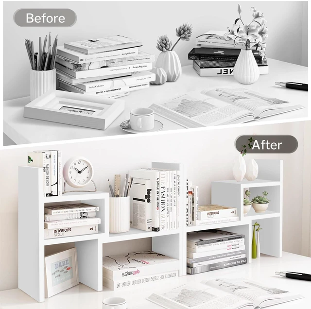 Alt view image 6 of 7 - Desktop Organizer Office Storage Rack Adjustable Wood Display Shelf | Birthday Gifts - Toy - Home Decor Free Style Rotation Display - True Natural Stand Shelf (White)