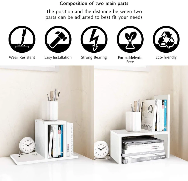 Alt view image 7 of 7 - Desktop Organizer Office Storage Rack Adjustable Wood Display Shelf | Birthday Gifts - Toy - Home Decor Free Style Rotation Display - True Natural Stand Shelf (White)