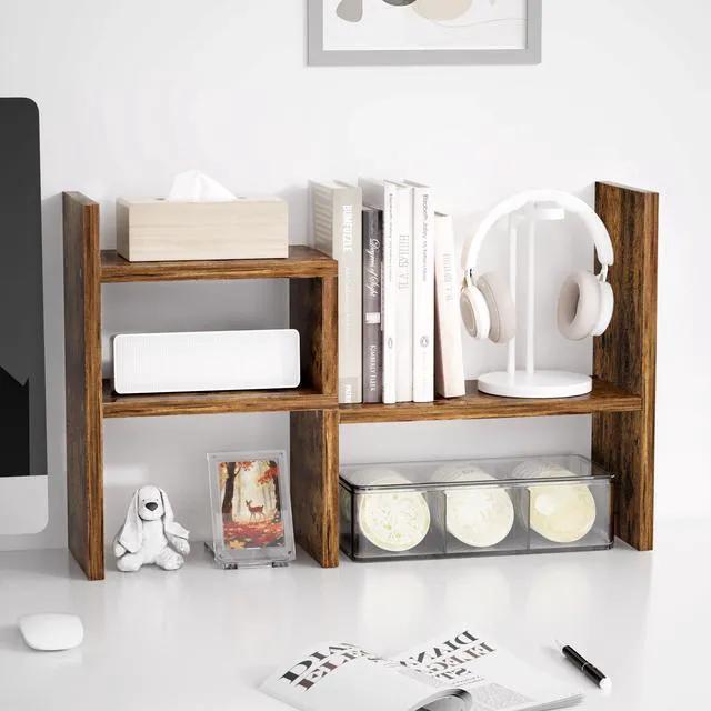 Alt view image 3 of 7 - Adjustable Wood Desktop Display Shelf Natural Wood Tone Wooden Desk Organizer, Cute Dorm & Cubicle Decor. Stores Makeup & Mini Plants, Space-Saving Storage for Small College Rooms
