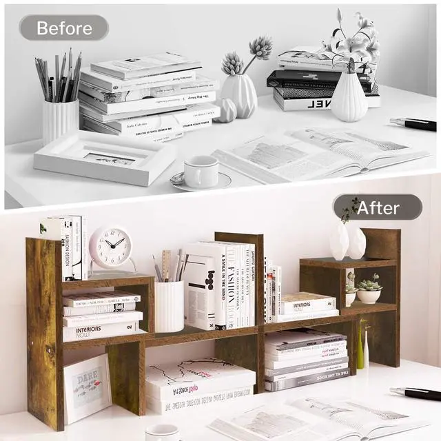 Alt view image 5 of 7 - Adjustable Wood Desktop Display Shelf Natural Wood Tone Wooden Desk Organizer, Cute Dorm & Cubicle Decor. Stores Makeup & Mini Plants, Space-Saving Storage for Small College Rooms