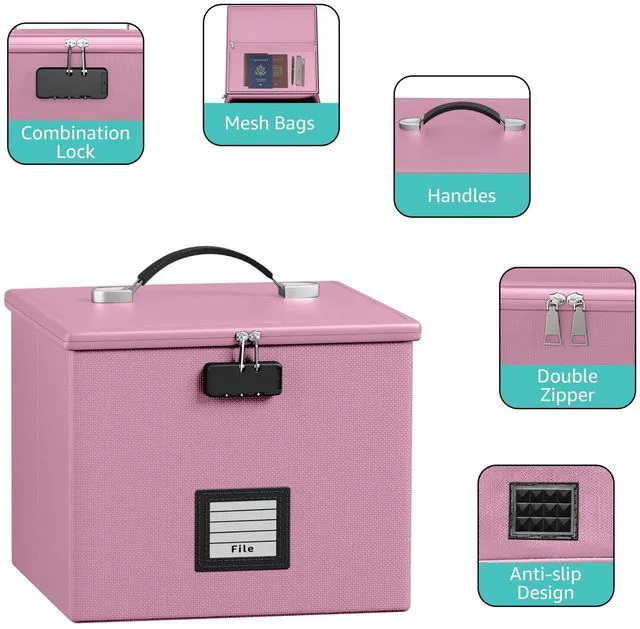 Alt view image 4 of 7 - Pink Fire Proof File Box for Documents - Portable Fireproof Document Organizer Box with Handle Waterproof Safe Locking Folder Storage with Lid