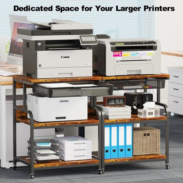 Alt view image 2 of 7 - 23.6"×18.9" Extra Large Printer Stand with Drawer & Wheels 5-Adjustable Shelves 3-Tier Table, Rolling Heavy Duty Printer Cart with Storage, Fits Printer Scanner Fax for Home Office Use