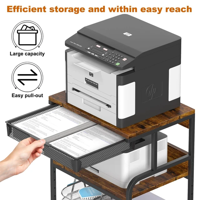 Alt view image 3 of 7 - 23.6"×18.9" Extra Large Printer Stand with Drawer & Wheels 5-Adjustable Shelves 3-Tier Table, Rolling Heavy Duty Printer Cart with Storage, Fits Printer Scanner Fax for Home Office Use