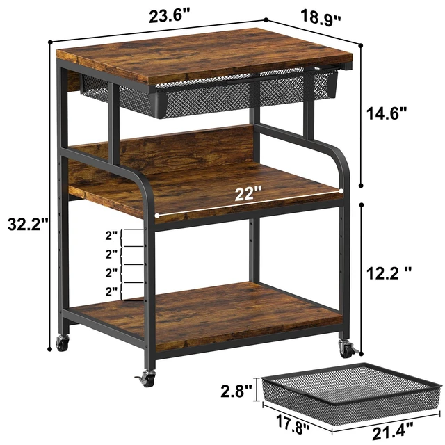 Alt view image 6 of 7 - 23.6"×18.9" Extra Large Printer Stand with Drawer & Wheels 5-Adjustable Shelves 3-Tier Table, Rolling Heavy Duty Printer Cart with Storage, Fits Printer Scanner Fax for Home Office Use