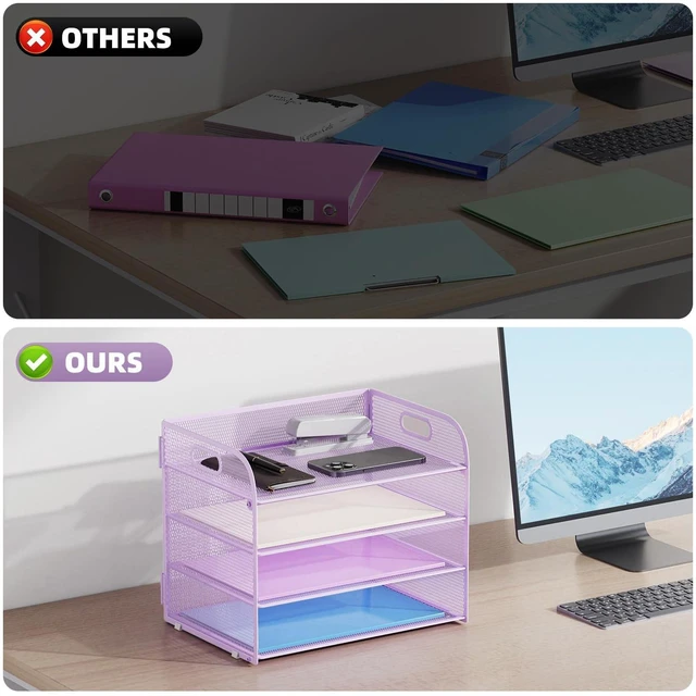 Alt view image 2 of 7 - 2 Pack 4 Tier Paper Organizer Letter Tray - Mesh Desk File Organizer with Handle, Paper Sorter Organizer for Letter/A4 Office File Folder Holder (Purple, 12.6" x 9.1" x 10.7")