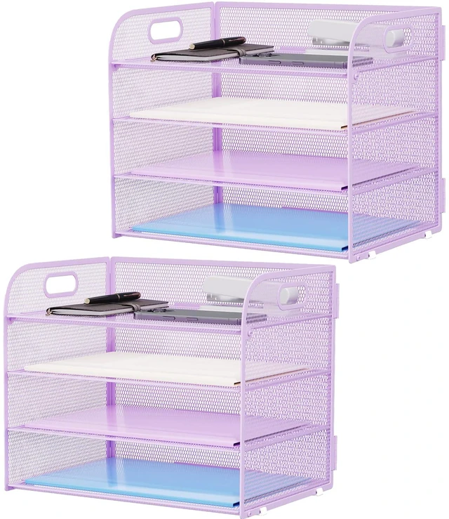 Main image of 2 Pack 4 Tier Paper Organizer Letter Tray - Mesh Desk File Organizer with Handle, Paper Sorter Organizer for Letter/A4 Office File Folder Holder (Purple, 12.6" x 9.1" x 10.7")